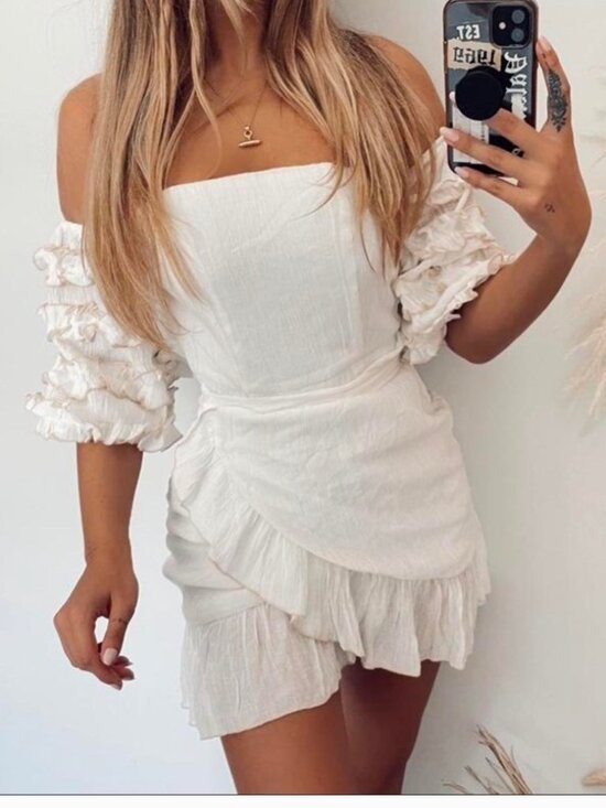 Sabo Skirt Dresses & Skirts - SABO SKIRT Cream Mini Wrap Dress, Off-the-Shoulder, Ruffle Sleeves, Size L